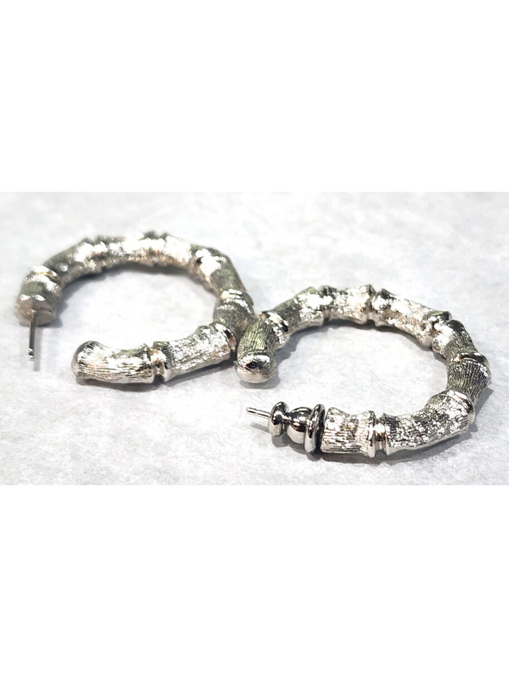 Napier Vintage Signed Silver Tone Bamboo Hoop Earrings Textured Ribbed Read